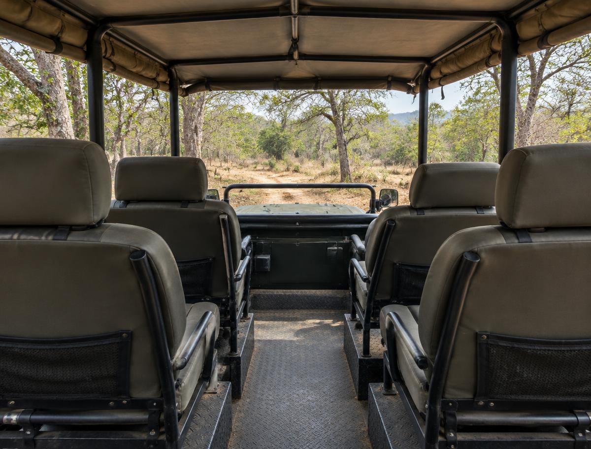 Raised padded passenger seats inside an open safari jeep