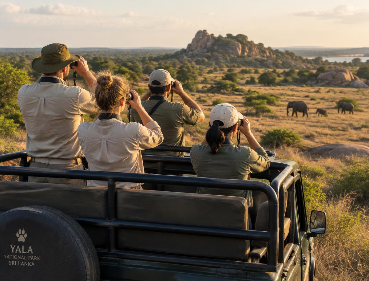 Travellers using binoculars from an open safari jeep